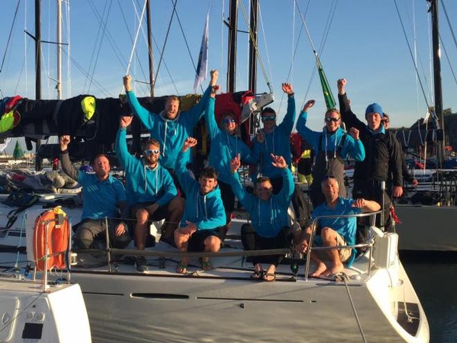 A tired but elated crew on Nick and Suzi Jones' First 44.7 Lisa, skippered by RORC Commodore Michael Boyd – Rolex Fastnet Race © RORC